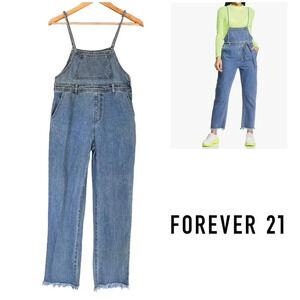 FOREVER 21 Women's Medium Wash Strappy Denim fitted overalls Jumpsuit Size S